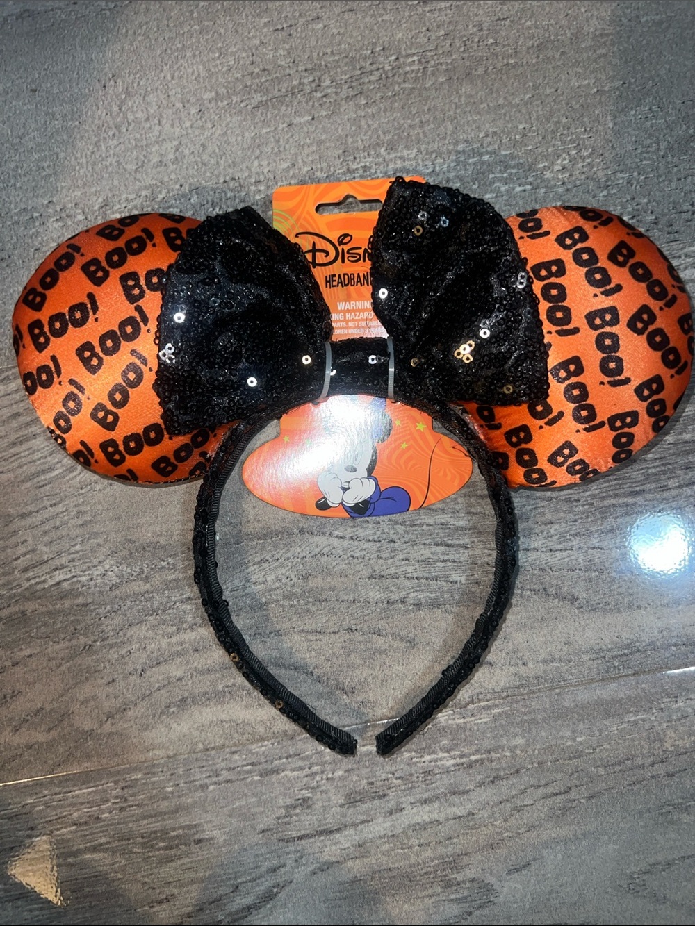 Disney Orange 'Boo!' Halloween Minnie Ears Headband with Black Sequin Bow